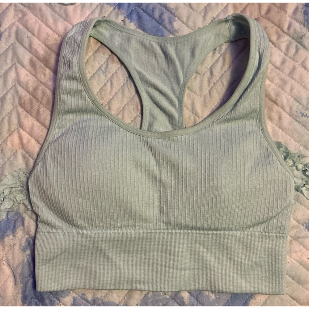 Light Blue Ribbed Seamless Stretch Lightly‎ Padded Sports Bra, Medium